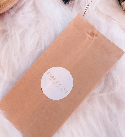 Bare cacao roasted ceremonial care pack insert, for yoga and full moon ritual